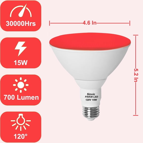 2 Pack Sinvic Dimmable PAR38 Red LED Bulbs, 15W(150W Equiv) 700Lumens 120V E26 CRI85 , Flood Lights
