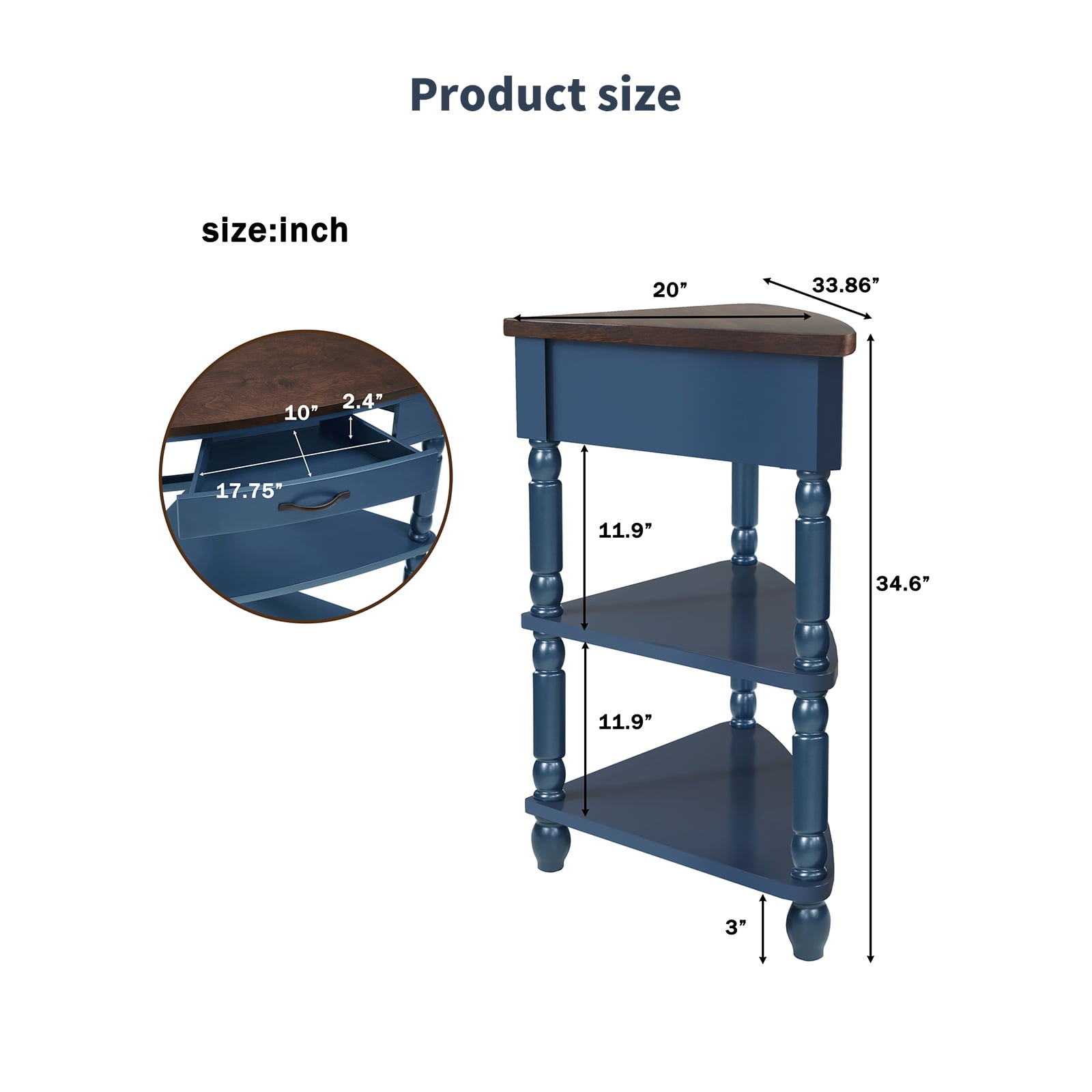 3-Tier Corner Shelf Unit for Small Spaces - Triangular Storage Rack with Solid Wood Legs, Multi-Functional Apartment & Living Room Furniture, Easy Assembly (Navy Blue)