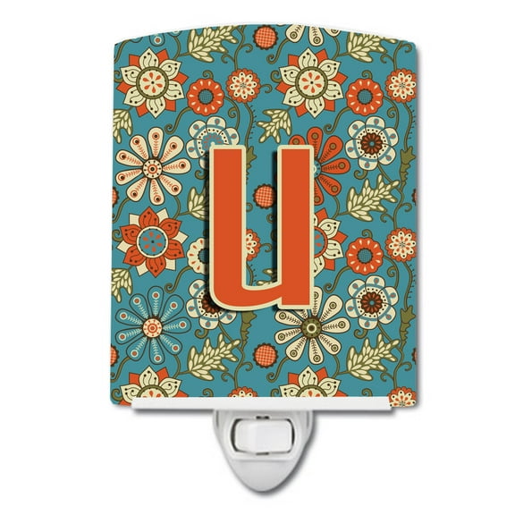 Caroline's Treasures CJ2012-UCNL Letter U Flowers Retro Blue Ceramic Night Light, 6x4x3", multicolor