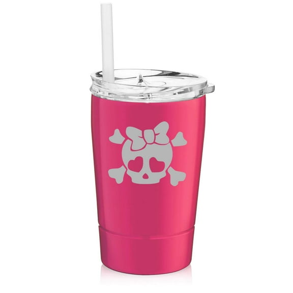 12 oz Tumbler Double Wall Stainless Steel Vacuum Insulated Coffee Travel Mug With Straw Heart Skull Bow (Hot Pink)