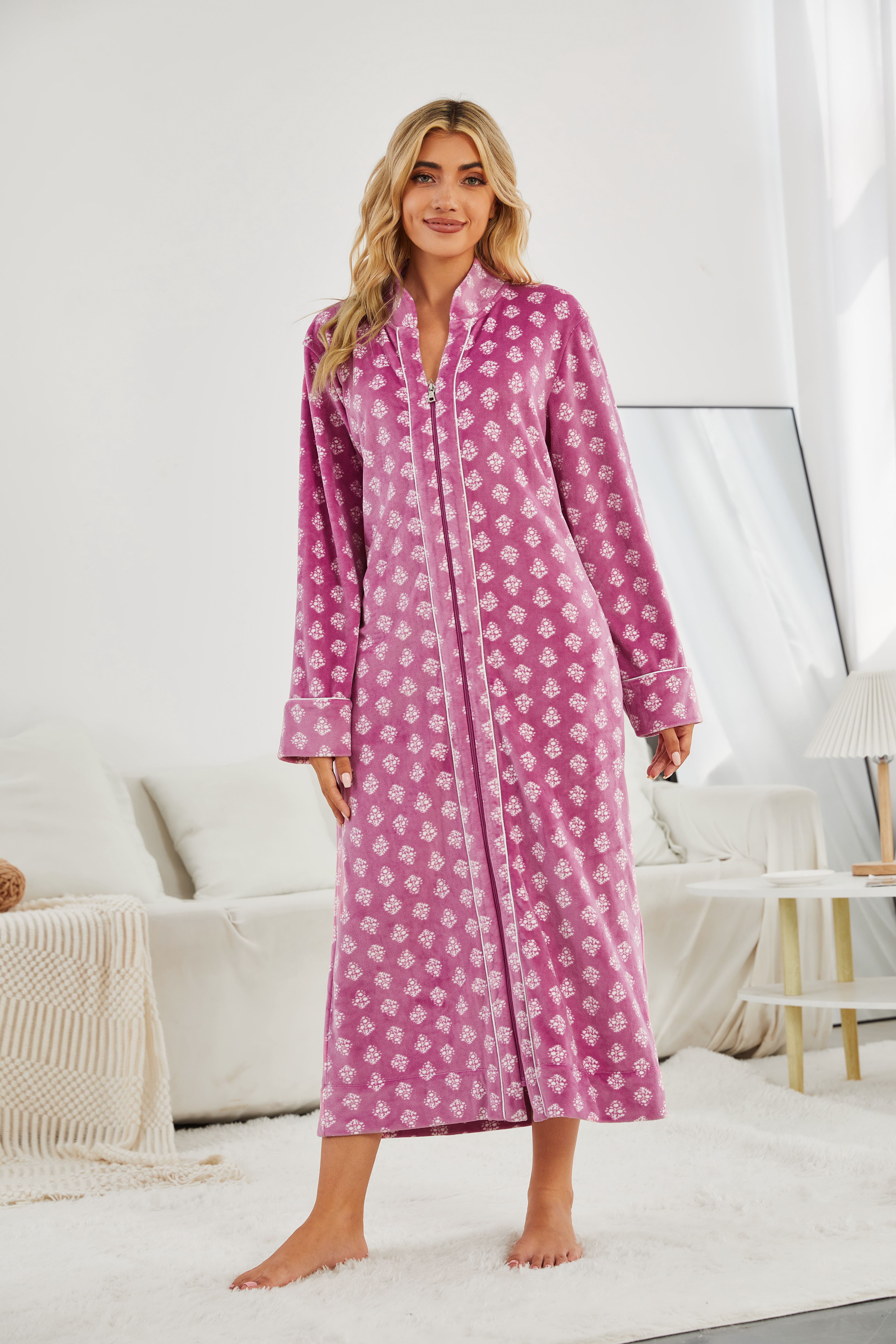 Women Winter Plus Size Long Flannel Bathrobe Warm Pink Bath Robe Night Fur  Robe