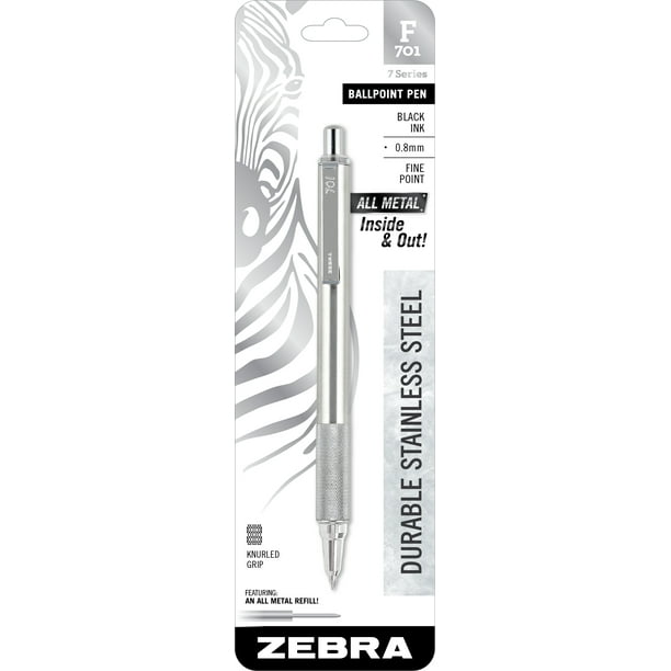 Zebra F701 Ballpoint Stainless Steel Retractable Pen, Fine Point, 0
