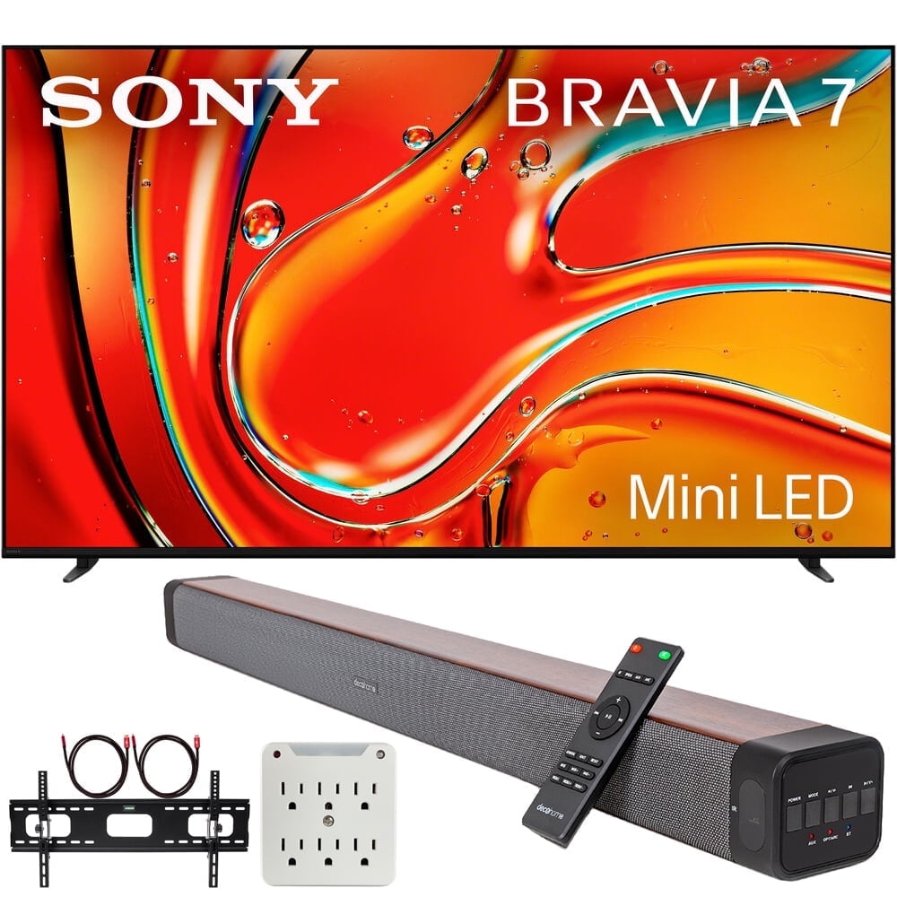 Sony BRAVIA 7 K55XR70 55" 4K HDR Smart QLED Mini-LED TV (2024) Bundle with Premium Deco Gear 60W 2.0 CH Soundbar + Deco Mount 37"-100" TV Wall Mount Bracket with Cleaning Kit + 6-Outlet Surge Adapter