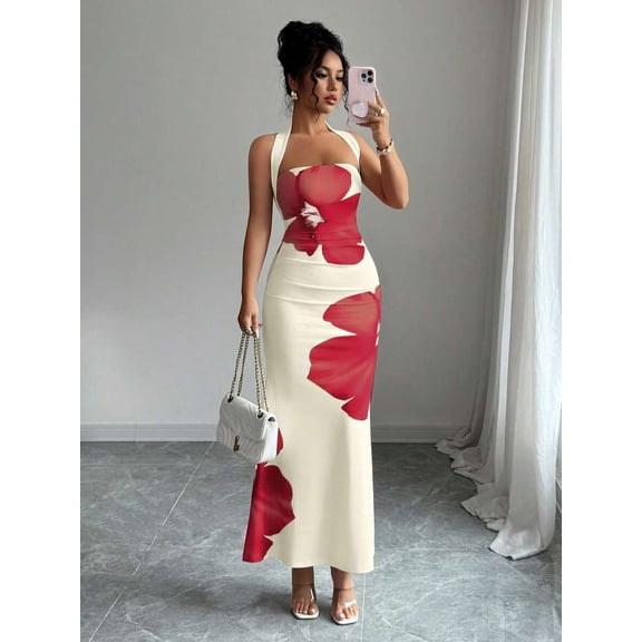 Women's Petite Summer Halter Tie Waist Slim Fit Printed Midi Dress