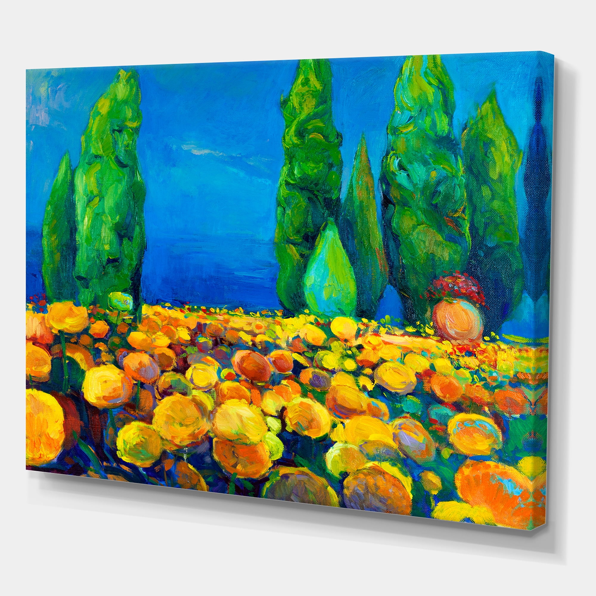 Designart ' Yellow Blossoming Flowers Landscape With Green Trees ' Traditional Canvas Wall Art Print