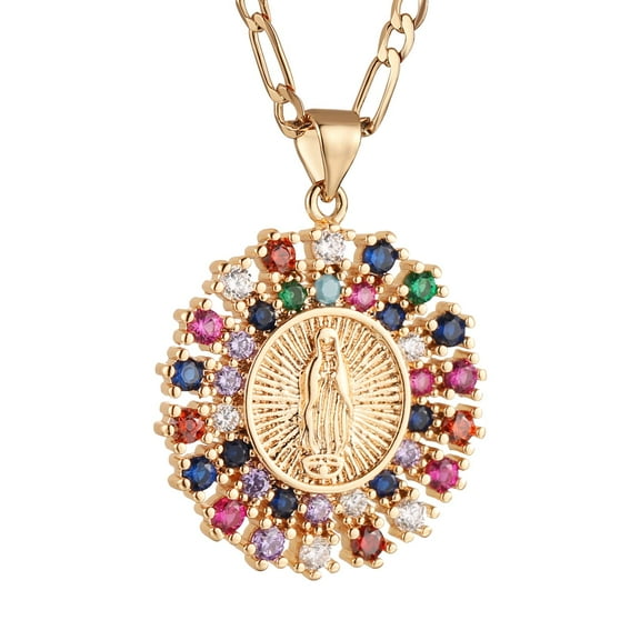 HZMAN 14K Gold Plated Round Hollow Virgin Mary Prayer Necklace Our Lady of Guadalupe Multicolor Cubic Zirconia Amulet Pendant for Women Daughter Jewelry Gift