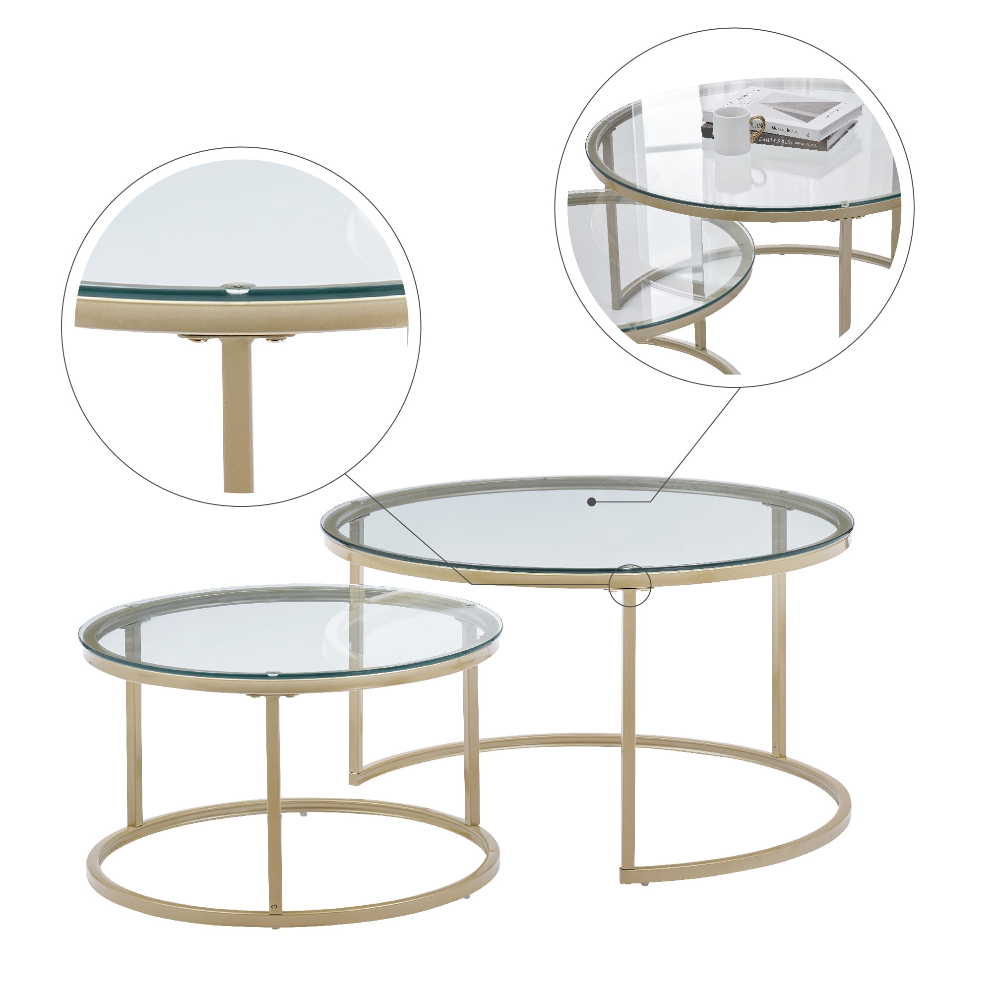 Modern Round Nesting Coffee Table Set with 31.5 inch Tempering Glass Top and Golden Metal Legs Stacking Side Tea Table for Living Room