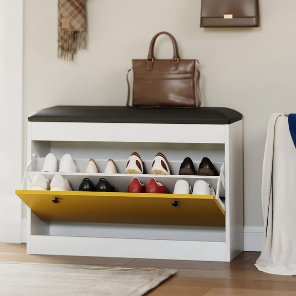 Huisuilinss Shoe Storage Bench,Modern Entryway Bench With Flip Drawer & PU Cushion,White Shoe Cabinet,Wood Shoe Organizer For Hallway Bedroom Living Room