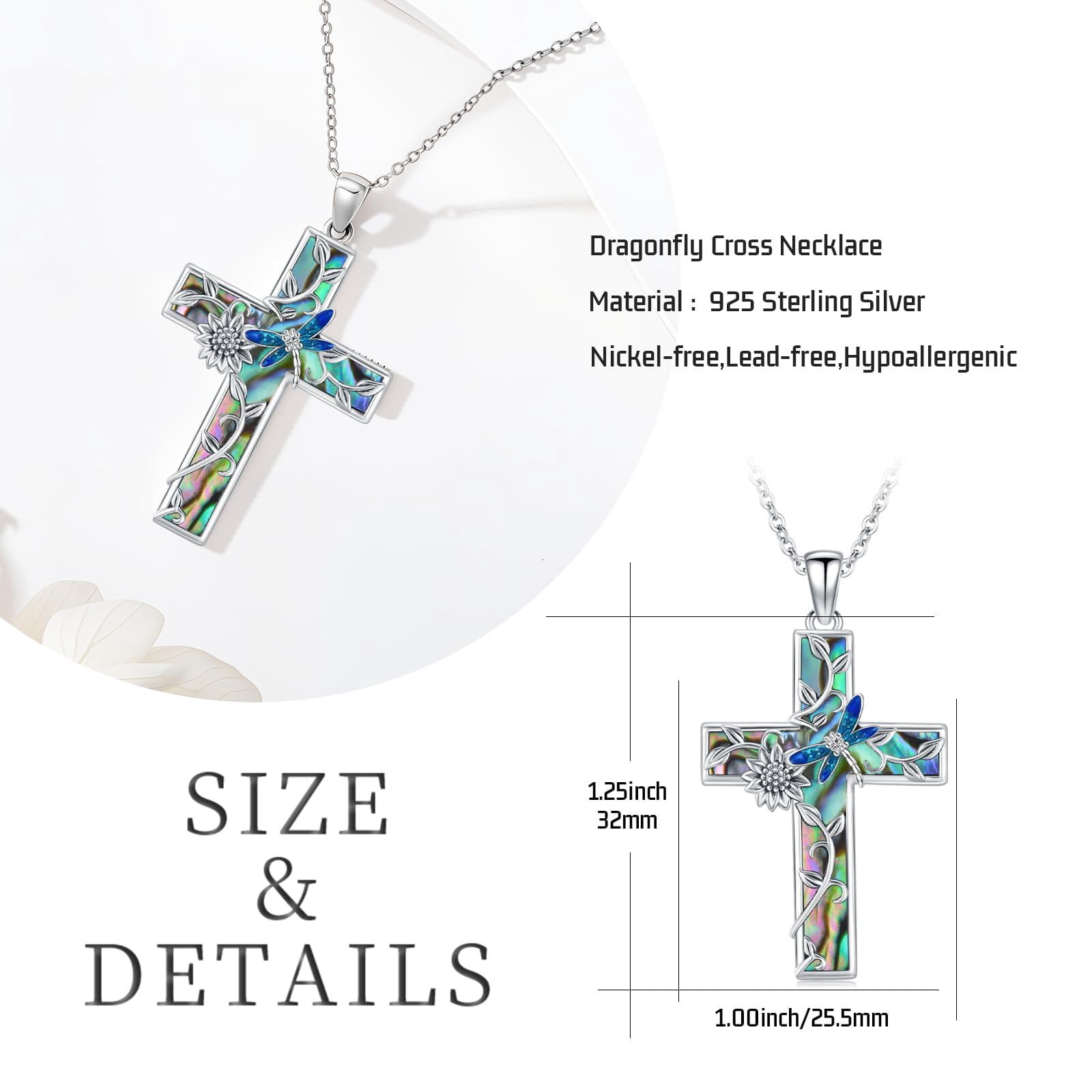 Coachuhhar Sunflower Cross Necklace 925 Sterling Silver Dragonfly Pendant Necklace Abalone Jewelry Gifts for Women Mom Birthday