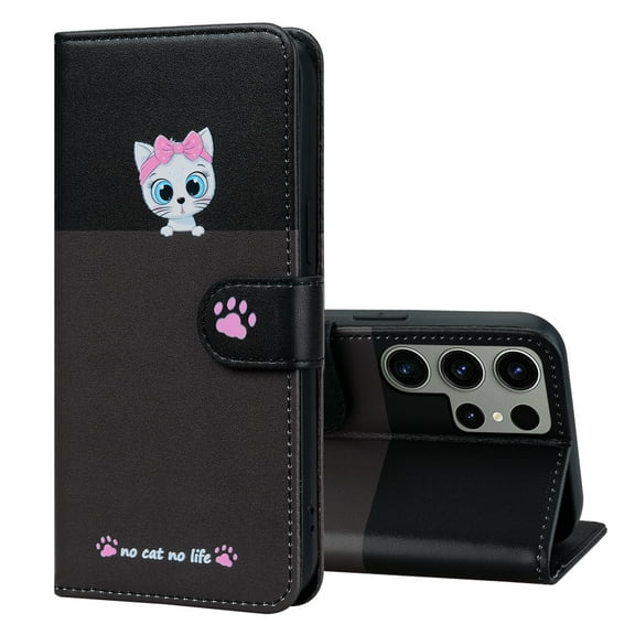 Allytech Wallet Case for Samsung Galaxy S24 Ultra with Cute Cartoon Pattern, 3 Card Slots   1 Cash Slot   Wrist Strap, Premium PU Leather Stand Magnetic Clasp Shockproof Protective Case, Darkgray