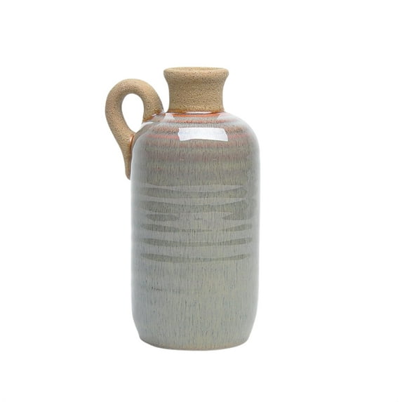 Sheer Ceramic Decorative Jar With Handle, Gray And Brown