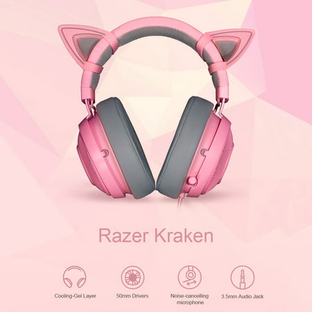 Razer Kraken Gaming Headset Earphone Headphone Cooling-Gel Layer Retractable Noise Cancelling Microphone for PC, Mac, Xbox, PS4, Nintendo Switch + Razer Kitty Ears for Razer Kraken Headset Accessory