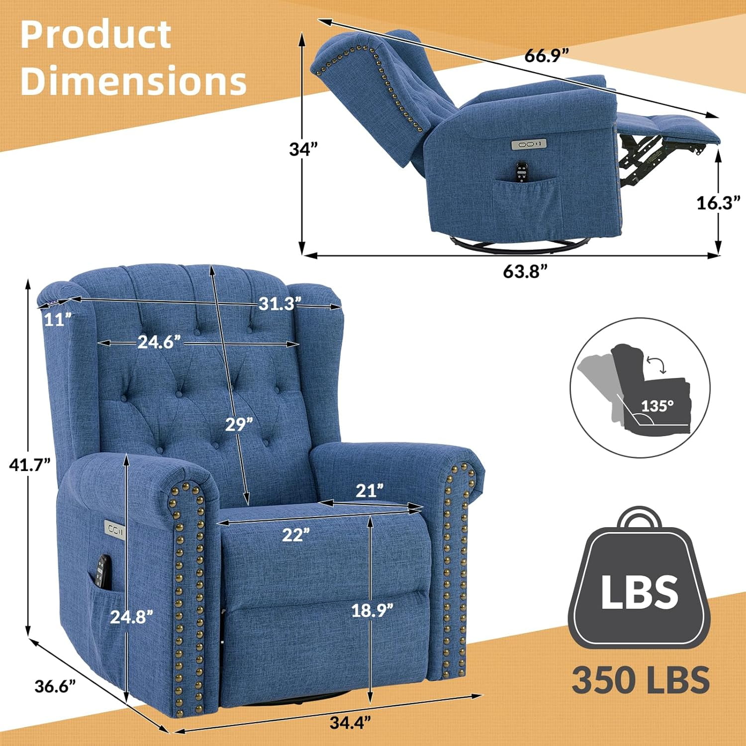 Power Swivel Rocking Glider Recliner Chair, Electric Nursery Reclining Sofa Chair with Heat and Massage, Wingback Tufted Upholstered Recliner for Living Room, USB and Type-C Ports, Blue