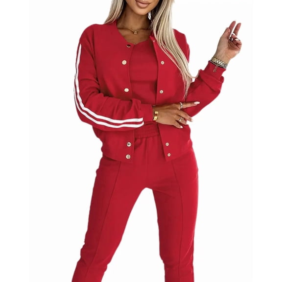 ChicMe Three Piece Sets for Women Lounge Outfits Striped Tape Long Sleeve Bomber Jacket and Elastic Sporty Pants with Tank Tops Tracksuit Red-L