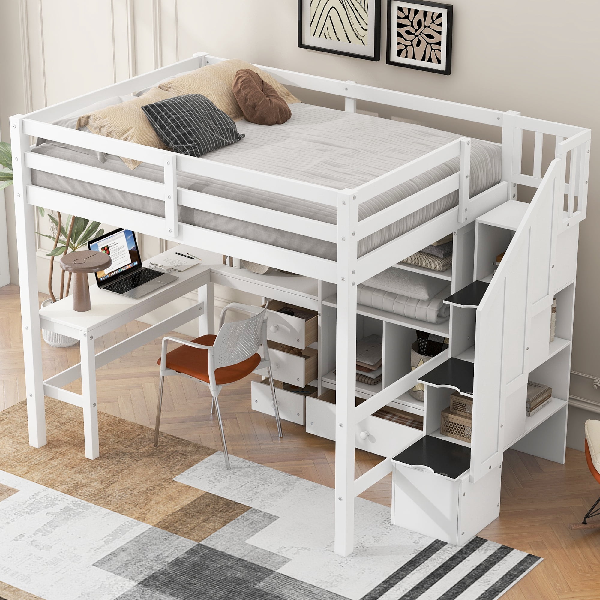 Euroco Full Size Pine Wood Loft Bed with Desk and Cabinets for Kids Room, Storage Staircase Shelf, White
