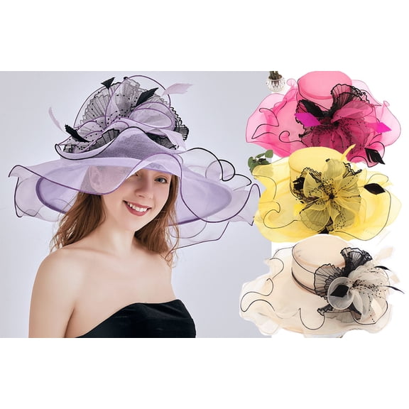 Yoyauz Women Sun Hat with Mesh Flower Decoration Wide Brim Hat Occasion Event Organza Fancy Church Dress Hat