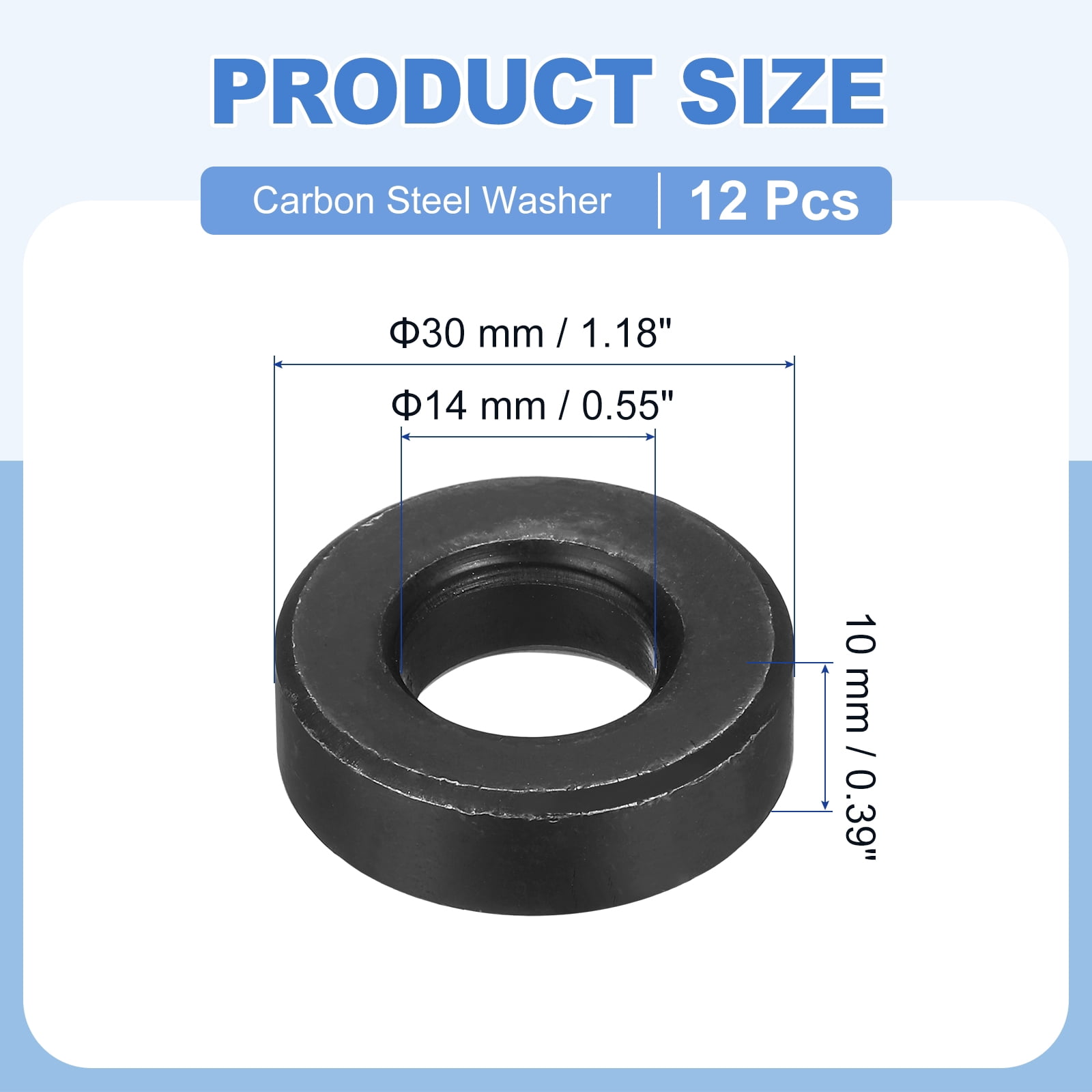 Uxcell 12pcs 9/16" Black Flat Washer for M14 Screw, Steel Metal Washers 14mm ID 30mm OD 10mm l for Industrial, Screws Bolts