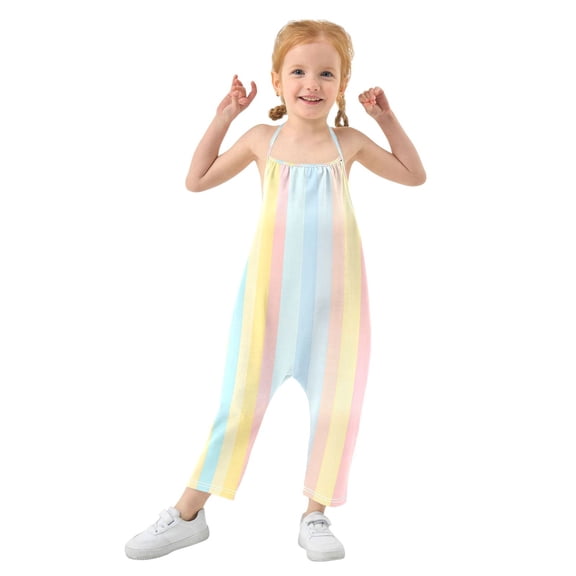 Girls' Jumpsuits Rompers Summer Casual Sleeveless Rompers With Pockets Spaghetti Strap Romper Pastel Background with Stripes 1T
