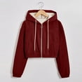 thumbnail image 4 of Zedker Casual Women's Cropped Hooded Long Sleeve Corduroy Inner Fleece Tops with Zipper, Comfy Hood Cord Thermal Winter Jackets with Pockets,Wine,L, 4 of 7