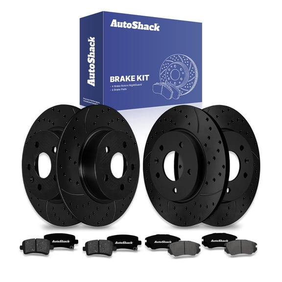 AutoShack Front & Rear Brake Rotors & Premium Pads for Chevrolet, Malibu 2013-2015, FWD L4 2.0L 2.4L 2.5L - E-Coated Drilled & Slotted - Black Finish - NightGuard