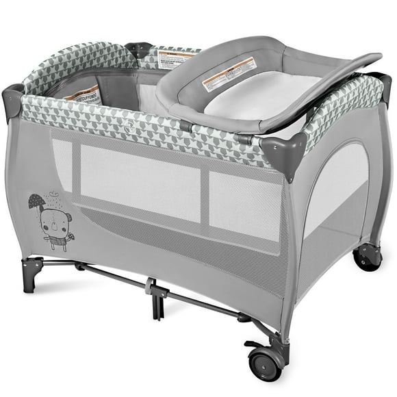 3 in 1 Baby Playard with Changing Table, Baby Bassinet, Portable Crib Travel Playard Nursery Center Playpen with Zipper Gate, Grey