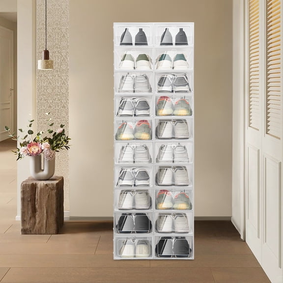 20 Pack Stackable Shoe Storage Boxes, Clear Plastic Shoe Organizer Containers with Snap Interlocking System, Foldable Space-Saving Sneaker Boxes for Closet Entryway