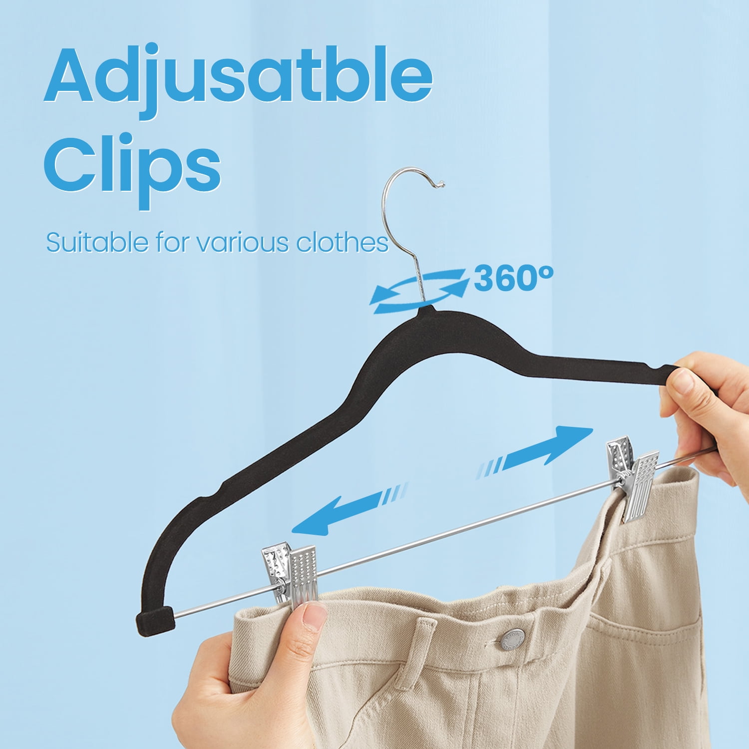 LEDREM 30-Pack Adjustable Velvet Hangers, Heavy-Duty Non-Slip Skirt Hangers, Pants Hangers with Movable Clips, Space-Saving for Dresses & Coats, Black