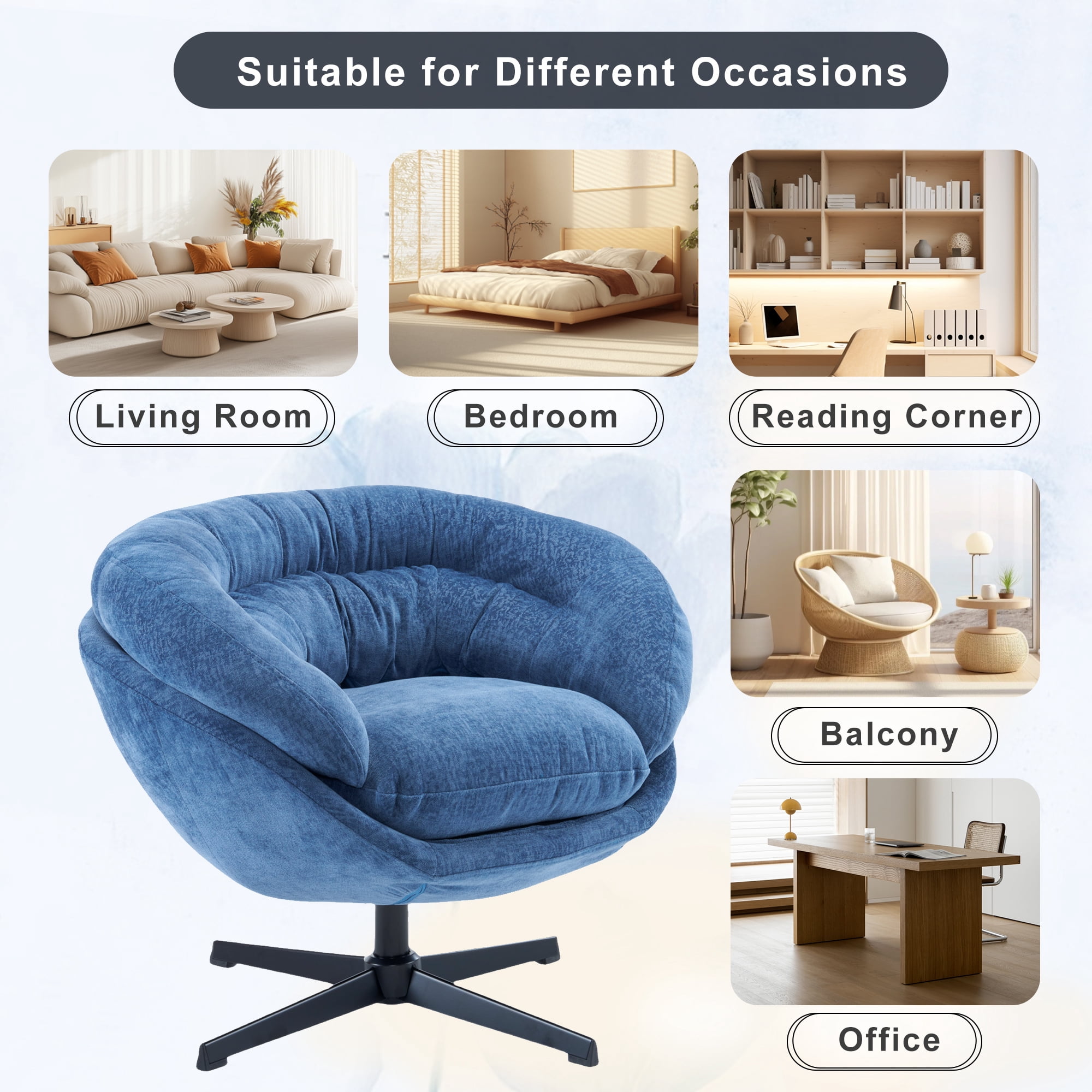 EUROCO 33" Ergonomic Chenille Swivel Chair,Cotton Accent Chair with Soft Thick Removable Cushion and Metal Base,360 Degree Swivel for Living, Bedroom, Reading Room,Antique Navy Blue