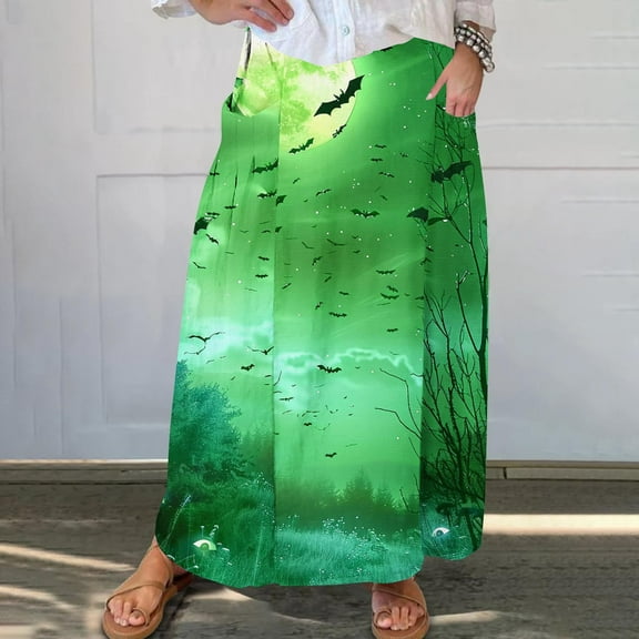 WXLWZYWL Womens Halloween Dress Plus Size Halloween Candy Corn Cones Women Printed Elastic Waistband Pleated Pocket Skirt with Mid Calf Skirt