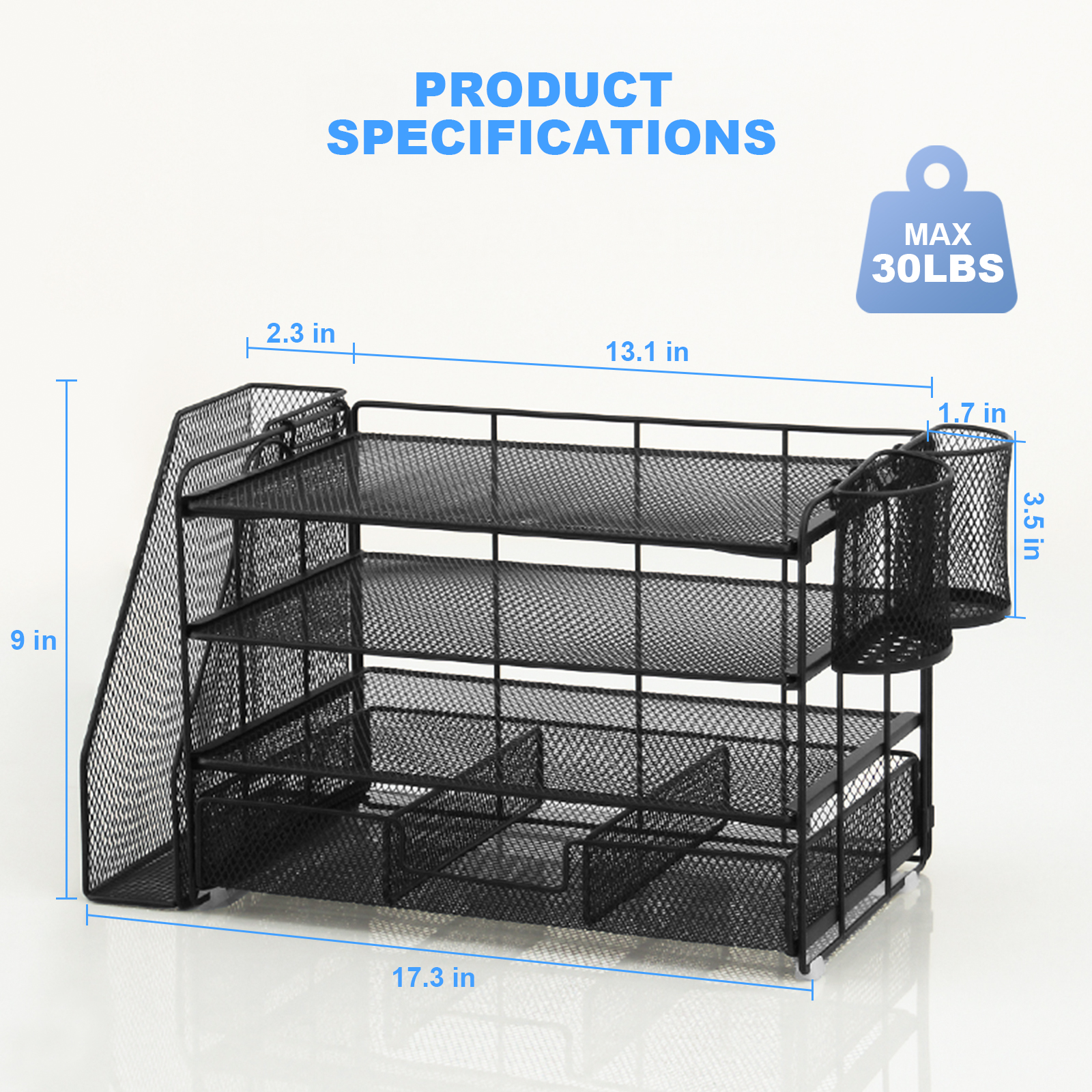 Torio Rust Resistant 4-Tier Metal Vertical Countertop Desk Organizer comes with (2) Pen Cups, (1) Drawer & (1) File Holder, Black