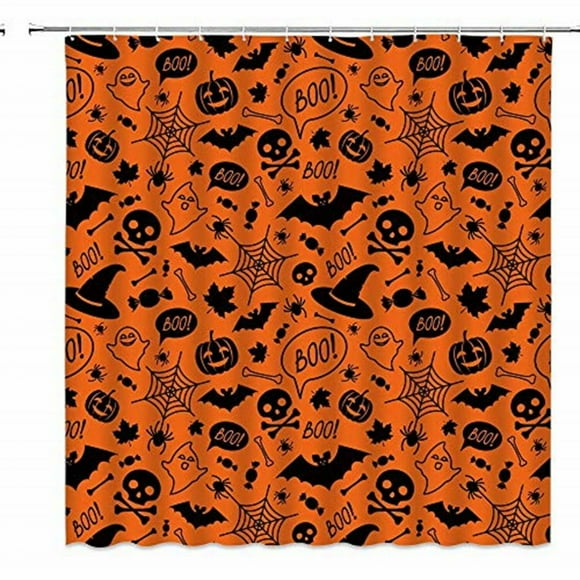 SpookyFest Kids Halloween Shower Curtain - Black Pumpkin, Ghost, Skull, Spider Web, Candy, Bat, Orange Maple Leaf Design - 70x70 Inches with Hooks