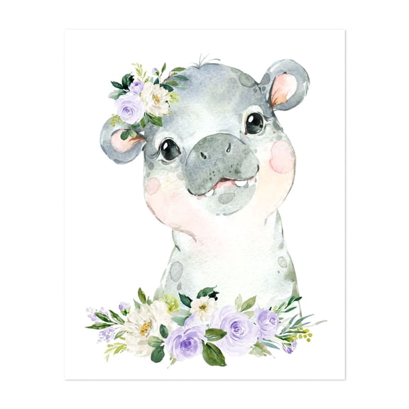 Hippo, Jungle Animals, Safari Animals, Purple Flowers, Gender Neutral Nursery - Illustration Watercolor Floral Animal Whimsical Botanical Unframed Wall Art Print 6 x 8 inches