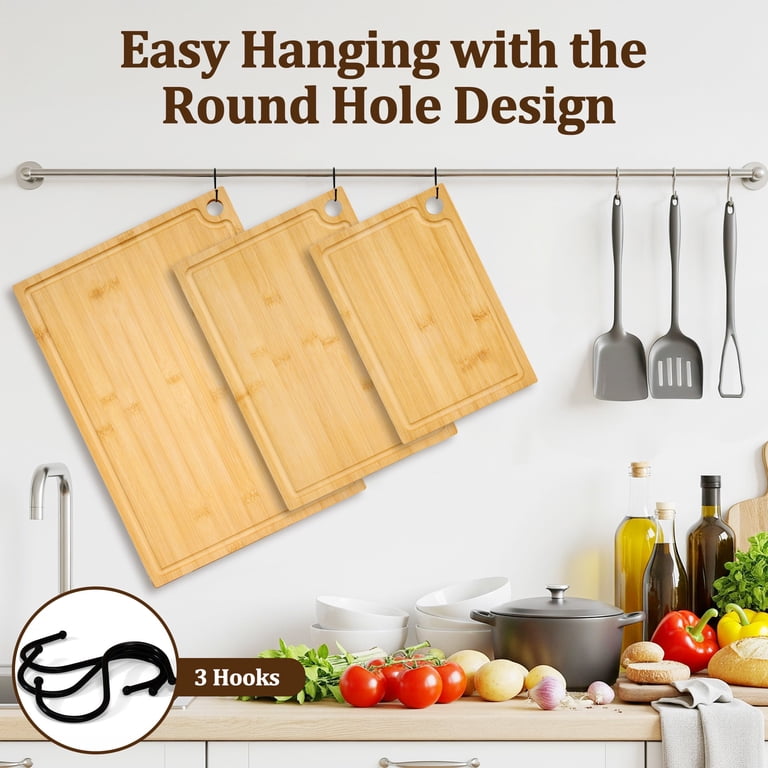 Kikcoin Bamboo Cutting Board Set, 3 Pieces with Hooks photo 6