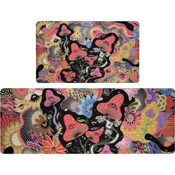 Anti Fatigue Kitchen Mats for Floor 2 Pcs, Mushroom Kitchen Rugs Sets, Non Skid Standing Mats and Runner Rugs Waterproof for Kitchen Office Sink Laundry Room