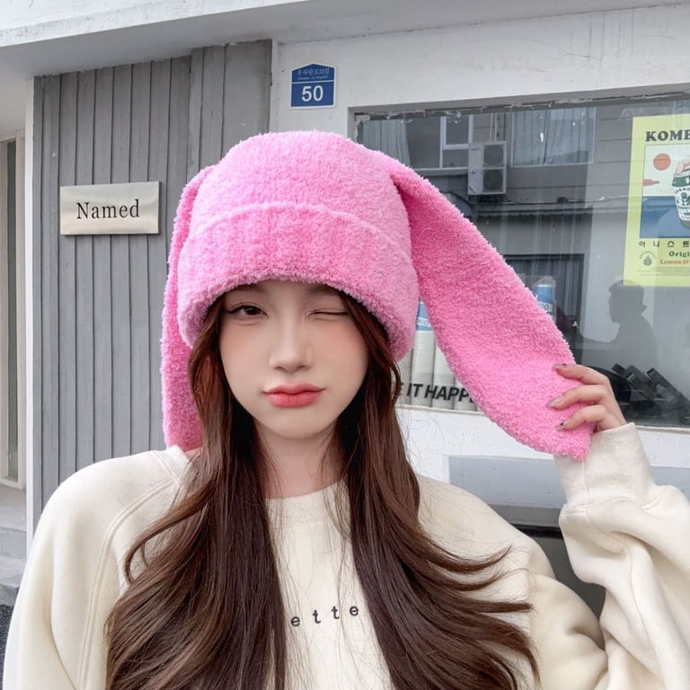 Knit Beanie Hats for Women Bunny Winter Cap Faux Fur Warm  display picture 1