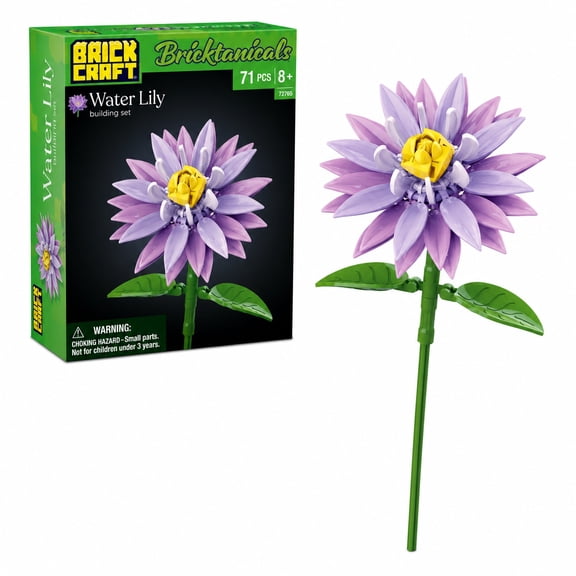 Brickcraft Bricktanicals Water Lily Building Kit (71-Piece Set), Adjustable Angling Display Flower with Lavender Petals, Buildable Bouquet Series, Adult Gift Ages 8