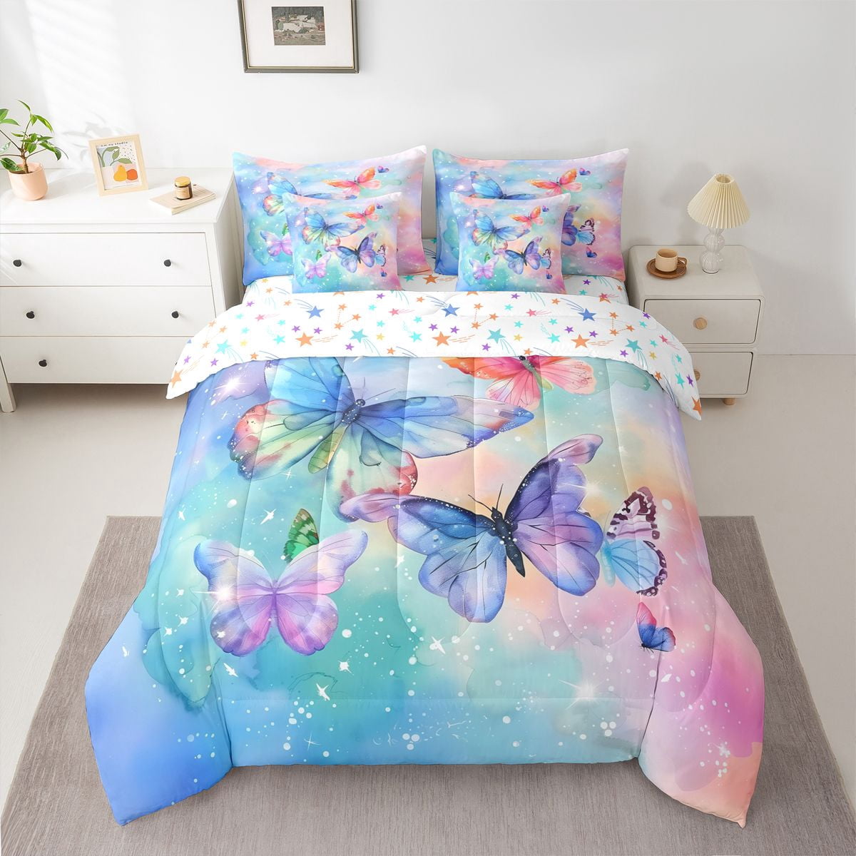 Homewish Watercolor Gradient Butterfly 7pcs Bedding Comforter Set,3D Colorful Butterflies Queen Bedding Sets,Blue Pink Ombre Queen Sheet Sets For Girls Teens,Luxury Bedroom Decor Reversible