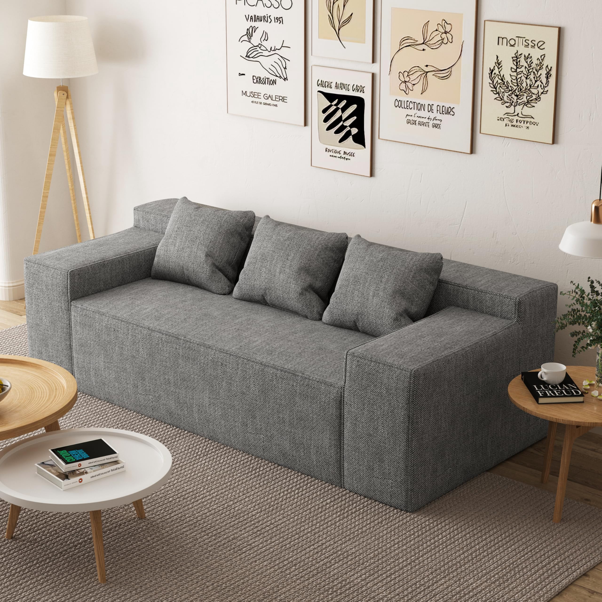 Modern 3-Seater Sofa, Hybrid Sofa in a Box, No Assembly Required, Comfy Sofa Couch with 3 Matching Pillows, Couch for Living Room or Bedroom, Grey