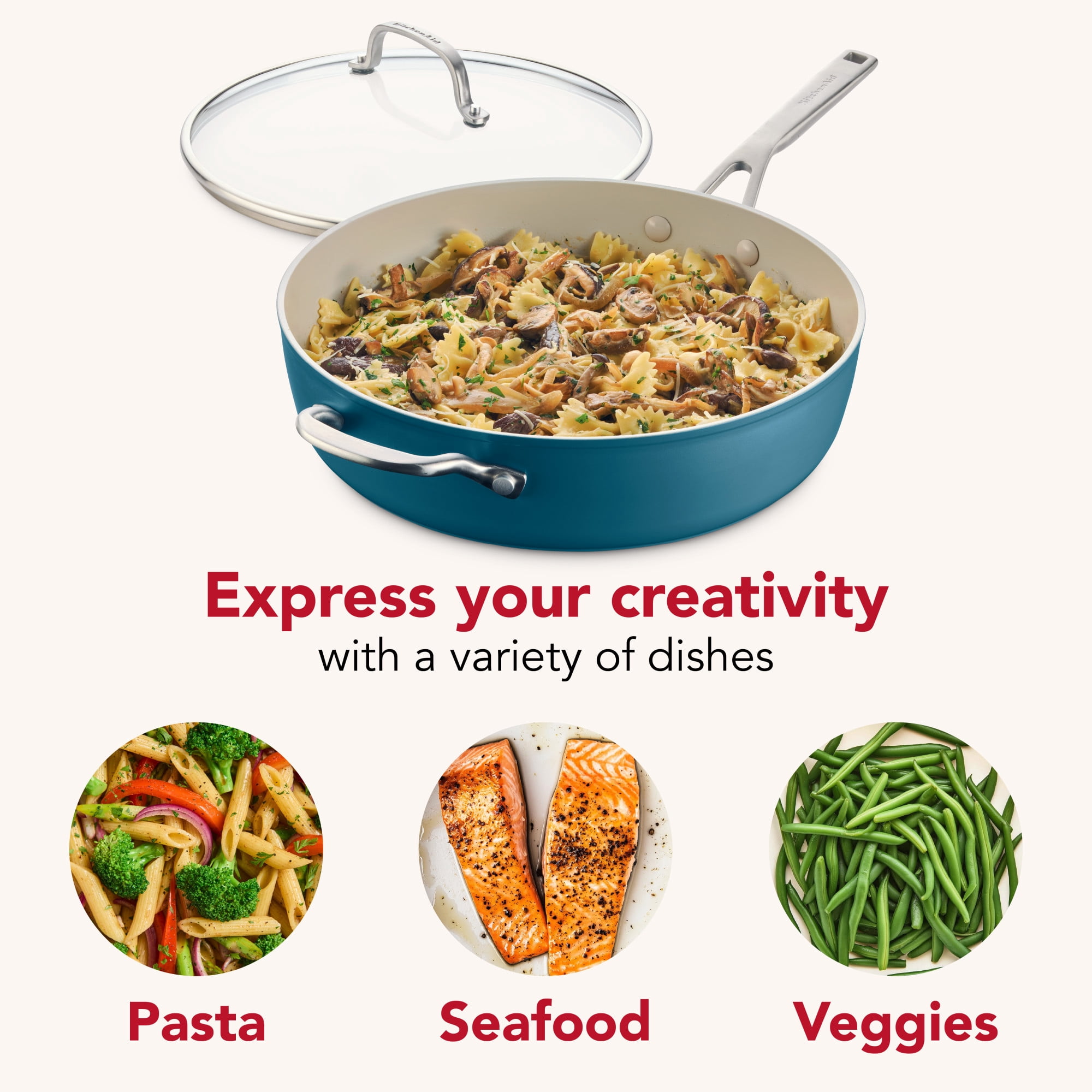 KitchenAid Hard-Anodized 5 Quart Ceramic Induction Saute Pan with Lid and Helper Handle, Dishwasher Safe and Oven Safe to 500°F, Agave Blue