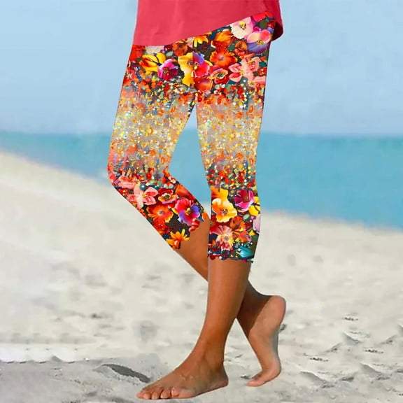 breaise Capri Leggings for Women Tummy Control Knee Length Capri Leggings 2024 Summer Floral Print Cropped Pants Casual Comfy Tights