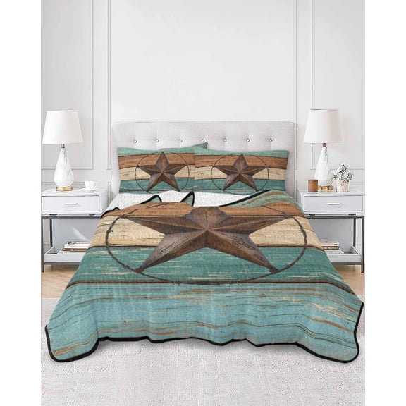 Quilts King Size, Teal Brown Soft Comforter Bedding Set for Bed, Country Texas Star Farmhouse Barn Door Wood Lightweight Quilted Bedspread with Pillow Cover(2 Pieces) for All Season, 96x106 Inch