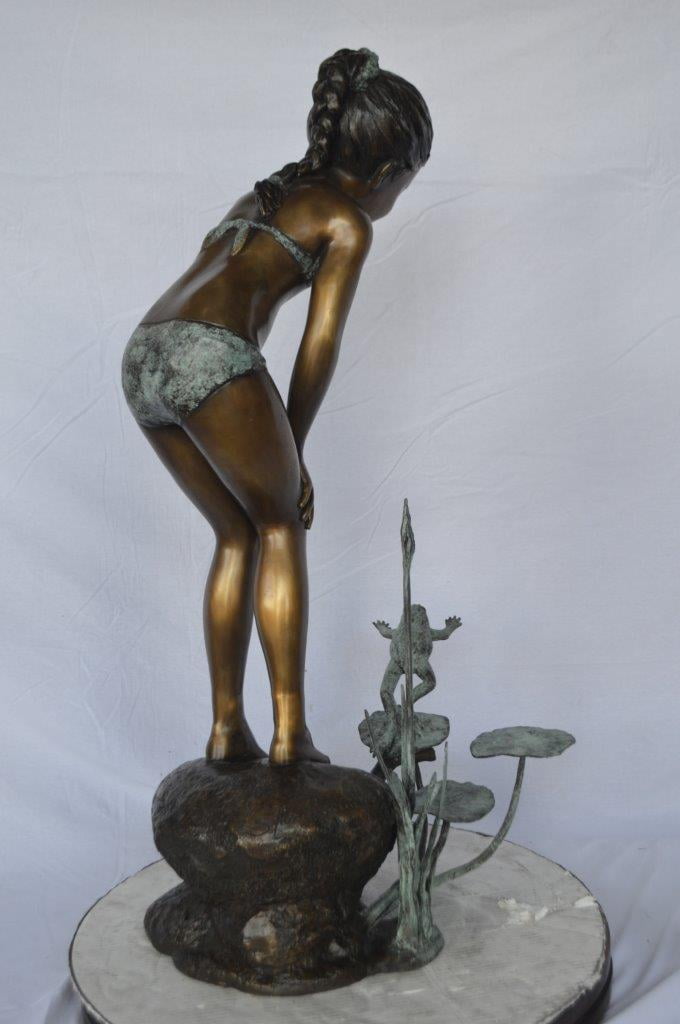 Nifao Girl Watching Jumping Frog – Outdoor Bronze Fountain, Garden Water Feature, 21"L x 15"W x 38"H