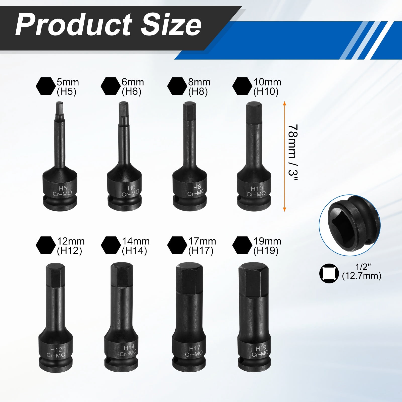 Uxcell 8pcs 1/2" Drive Impact Hex Bit Socket Set 5-19mm Metric CR-MO Steel 6-Point Sockets with Cotter Pin for Power Drill Drivers Adapter