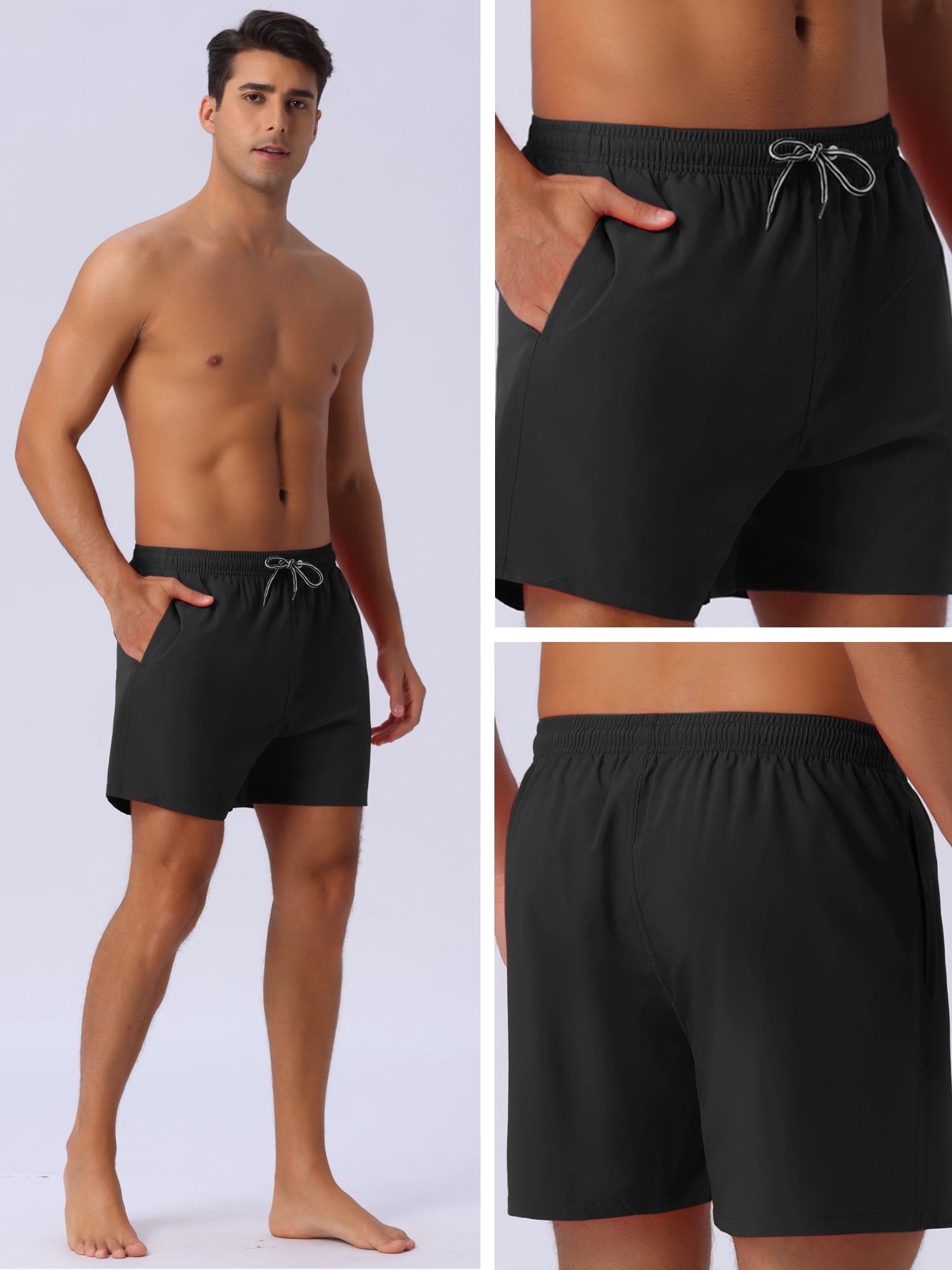 DARING DIVA Men's Drawstring Waist Side Pockets Mesh Lining Beach Swim Trunks 30 Black
