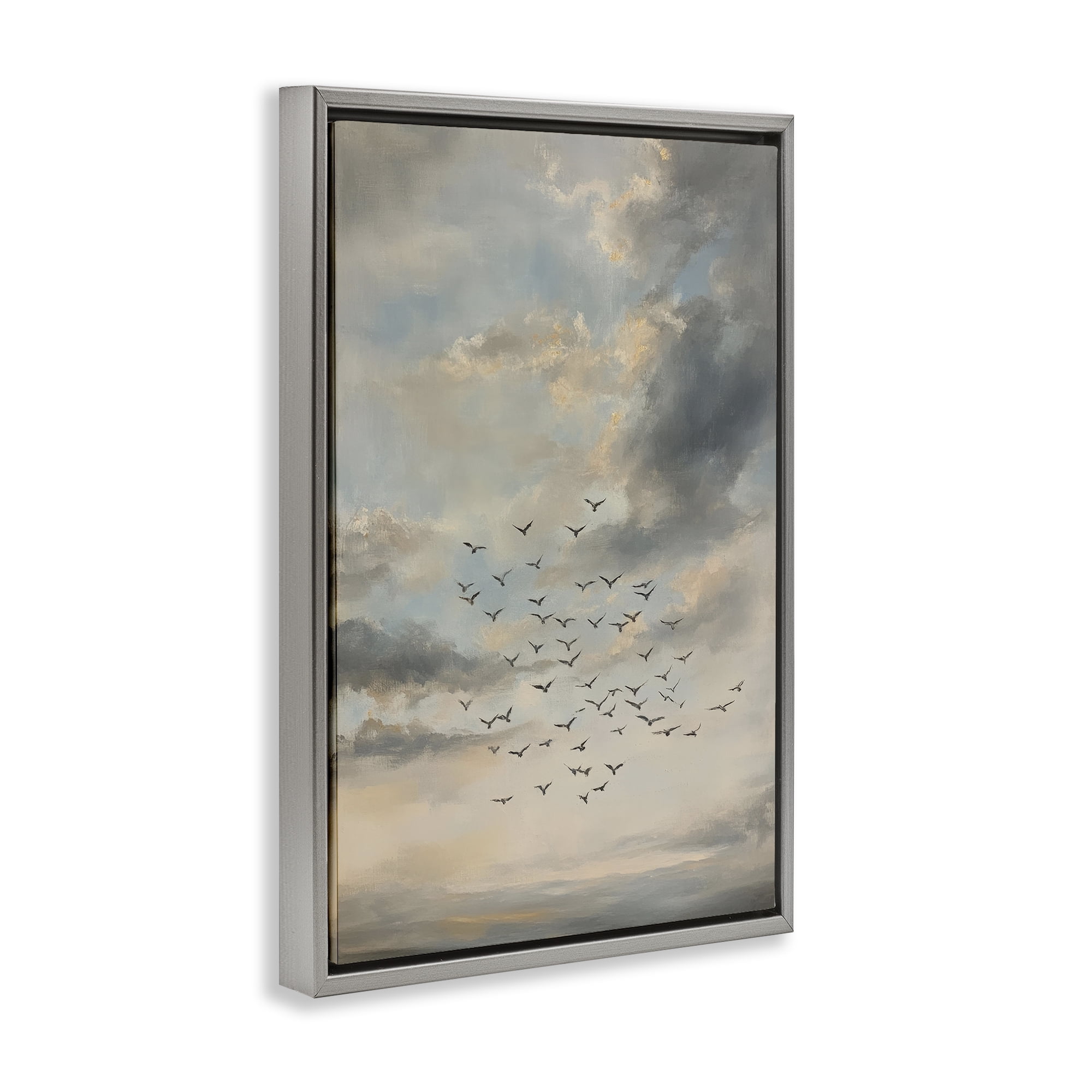 Stupell Industries Birds in the Clouds at Dusk Gray Framed Floater Canvas Wall Art, design by Petal Prints Design