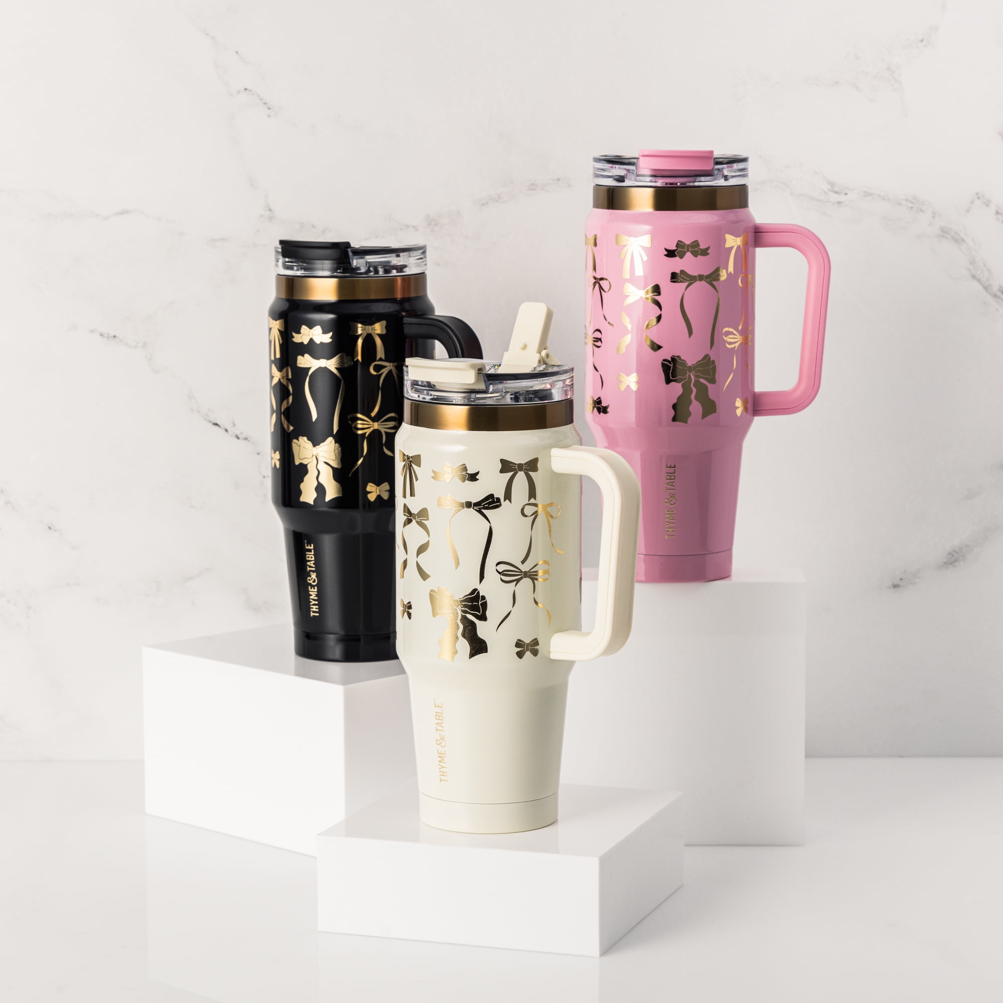Thyme & Table 32 fl oz Stainless Steel Luna Tumbler with Handle and Dual Straw Lid, Black & Gold Bows