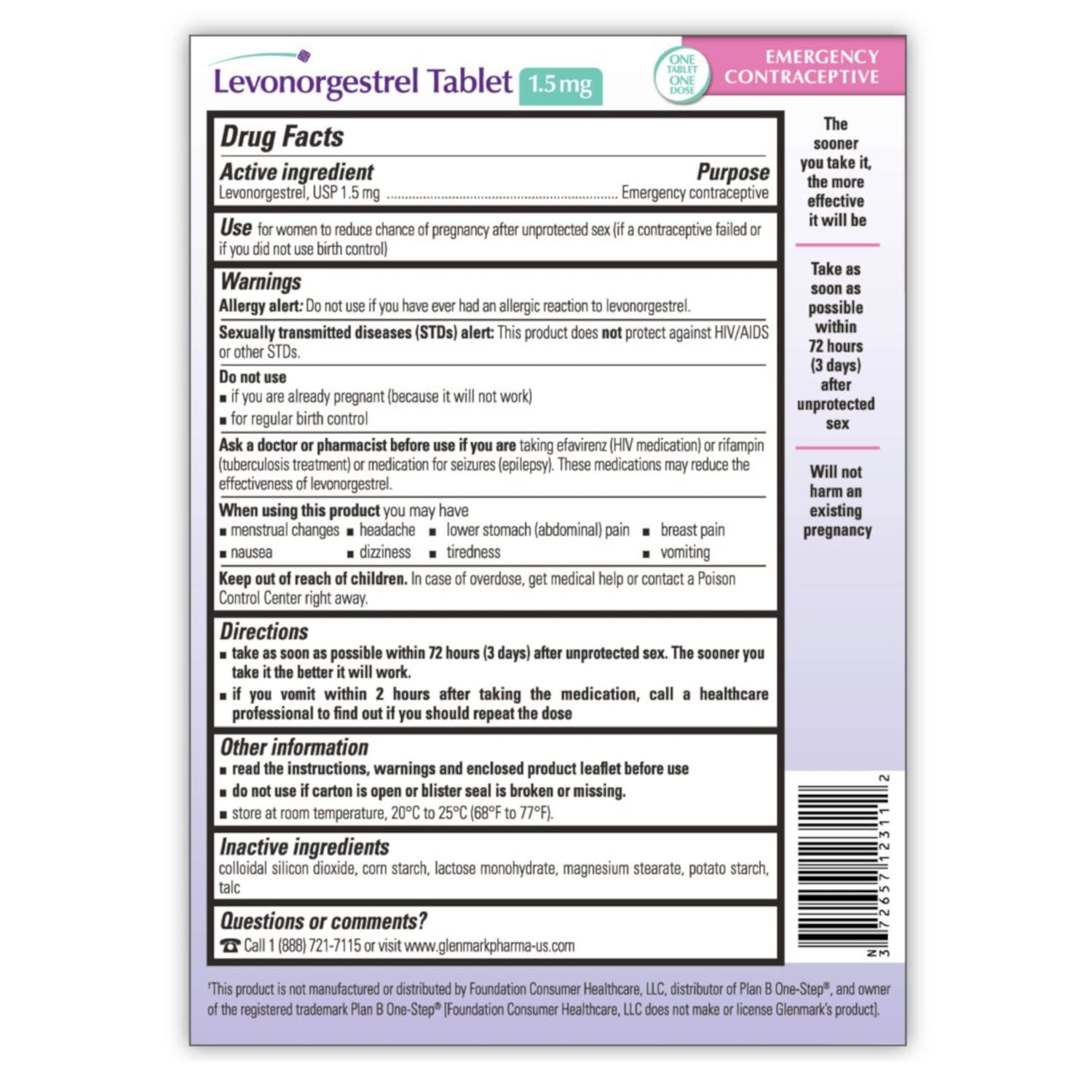 Glenmark Therapeutics Emergency Contraceptive Tablet, Levonorgestrel 1.5mg, Reduces Chance of Pregnancy After Unprotected Sex