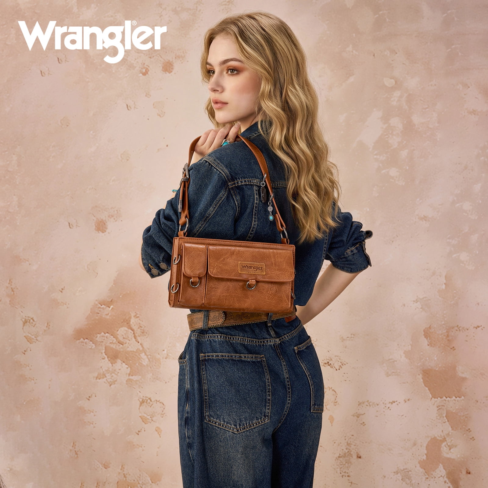 Wrangler Y2K Purse Small Shoulder Bag for Women Stylish Western Design with Detachable Charms Multiple Pockets, Brown