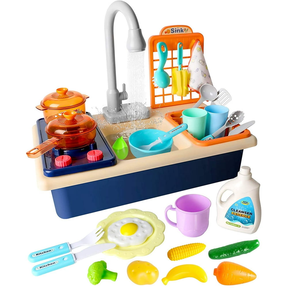 POPUTOY Play Sink Toys, Electric Dishwasher Playing Toy with Running