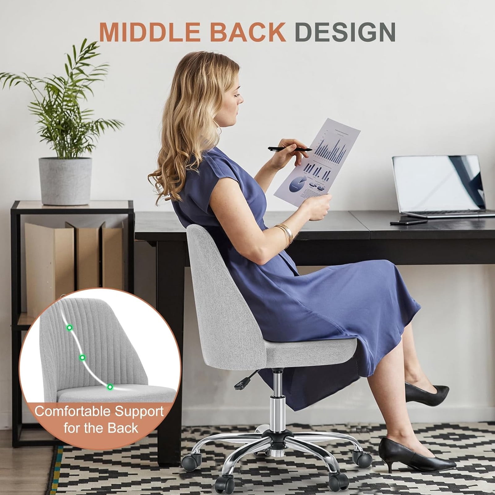 Casabay Armless Office Chair, Extra Cushion Padded Compact Upholstered Desk Chair with Back Support, Rolling Swivel Vanity Chair for Home Office, Gray